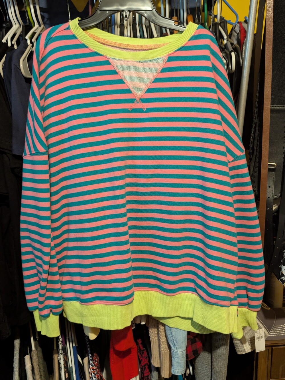 Striped Teal & Coral Sweatshirt with Neon Trim